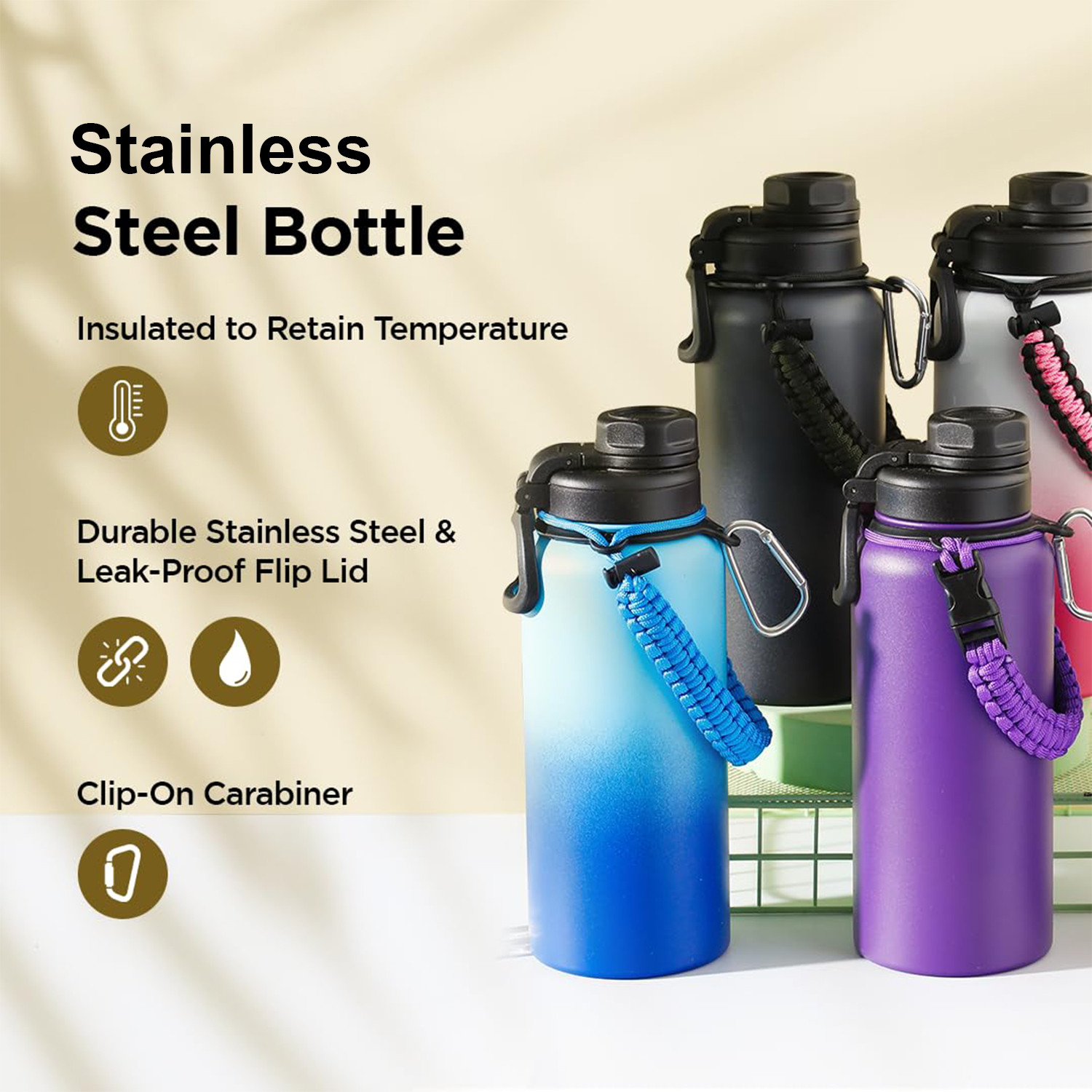 Kuber Industries Water Bottle | Steel Water Bottle for Daily Use | Vacuum Insulated Flask Water Bottle with Rope | Hot & Cold Water Bottle | 960 ML | LX-230606 | Black