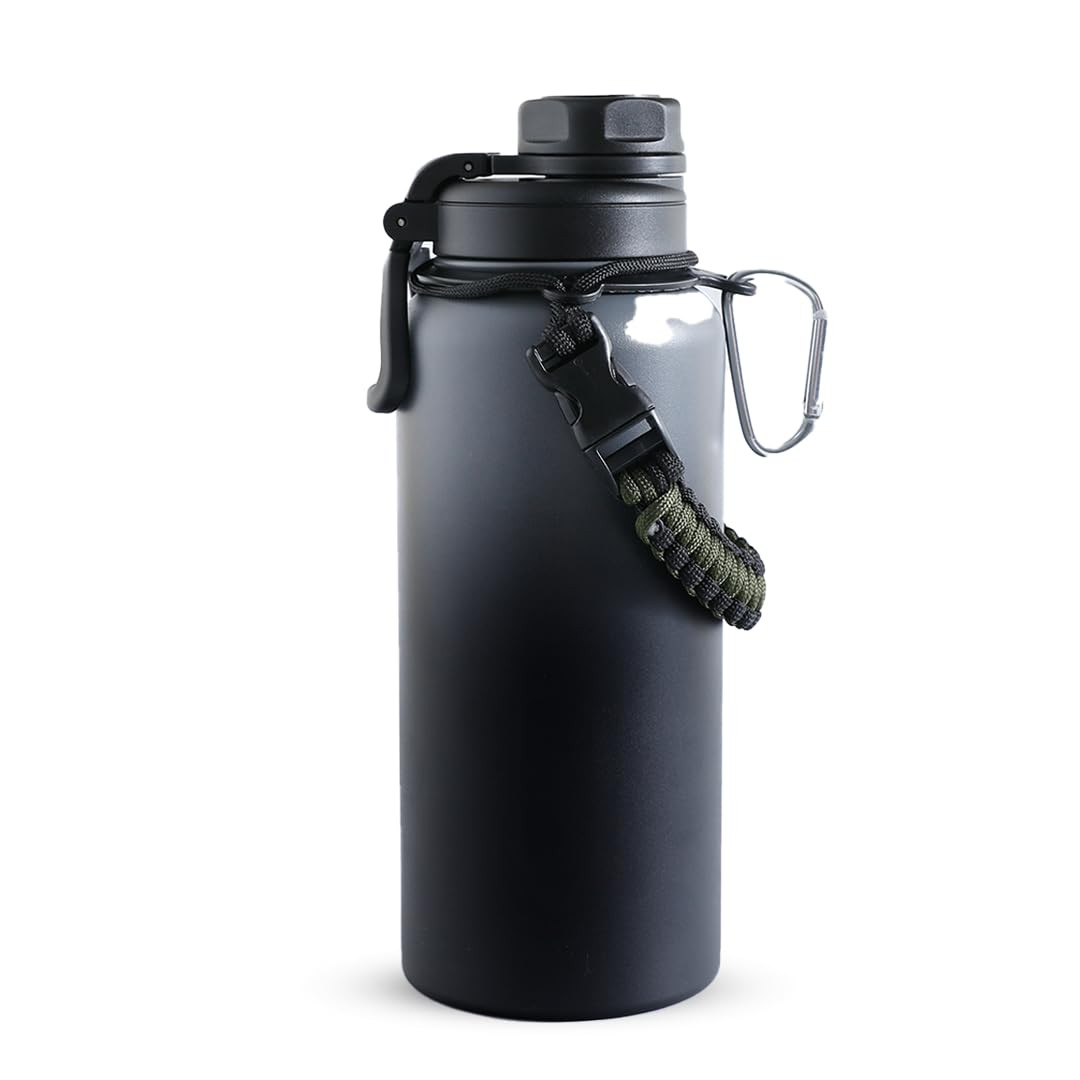 Kuber Industries Water Bottle | Steel Water Bottle for Daily Use | Vacuum Insulated Flask Water Bottle with Rope | Hot & Cold Water Bottle | 960 ML | LX-230608 | Black & Gray