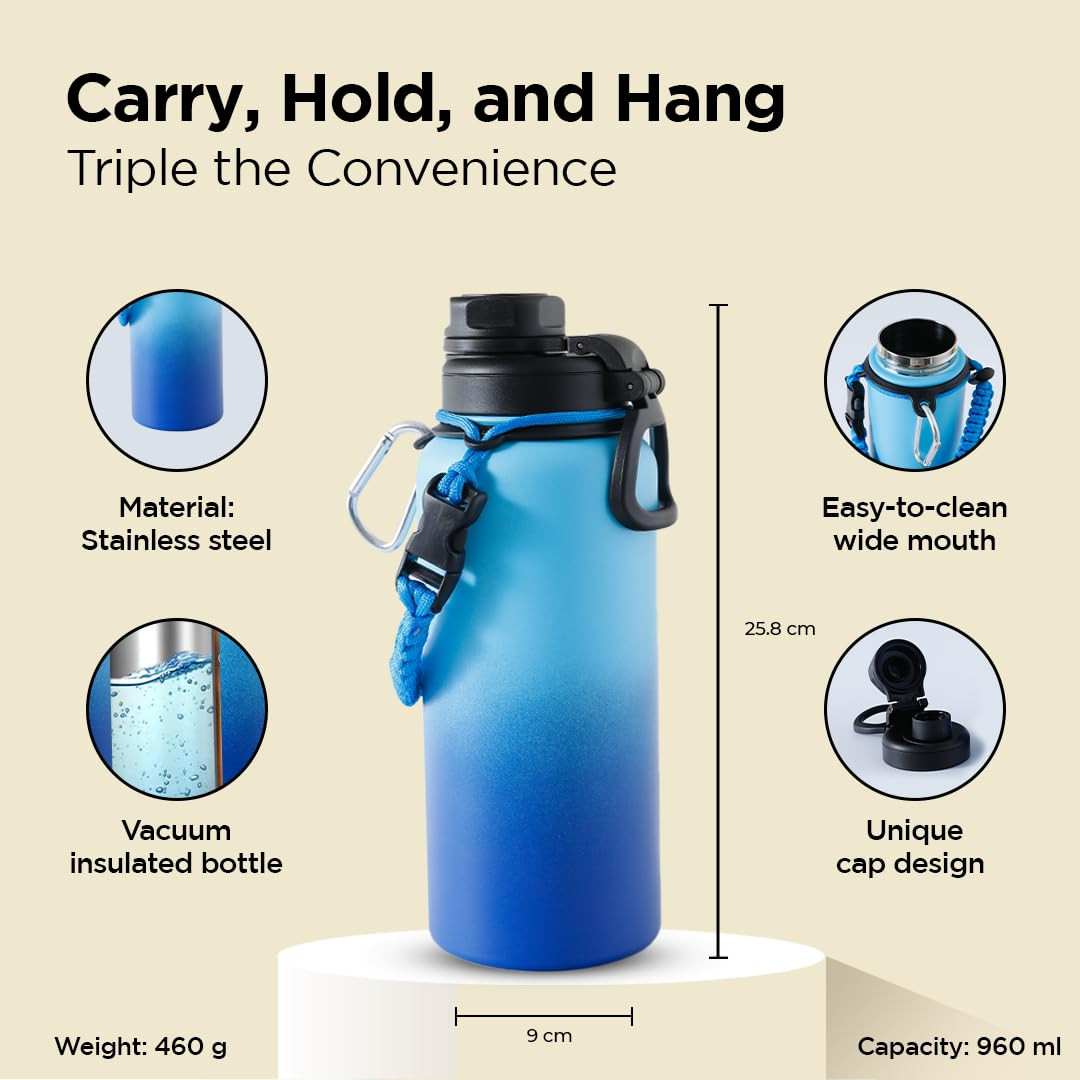 Kuber Industries Water Bottle | Steel Water Bottle for Daily Use | Vacuum Insulated Flask Water Bottle with Rope | Hot & Cold Water Bottle | 960 ML | LX-230609 | Aqua Blue