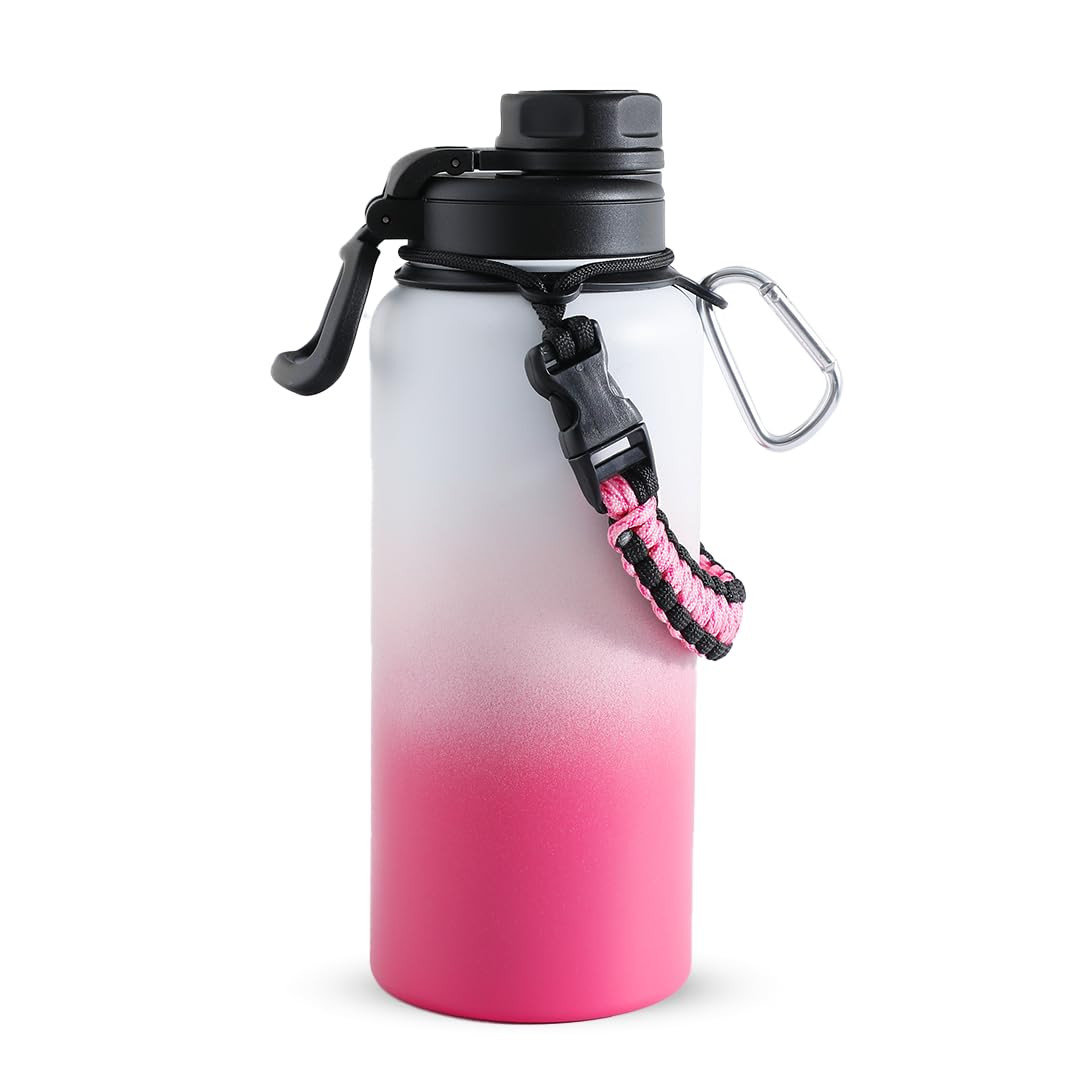 Kuber Industries Water Bottle | Steel Water Bottle for Daily Use | Vacuum Insulated Flask Water Bottle with Rope | Hot & Cold Water Bottle | 960 ML | LX-230610 | Pink & White