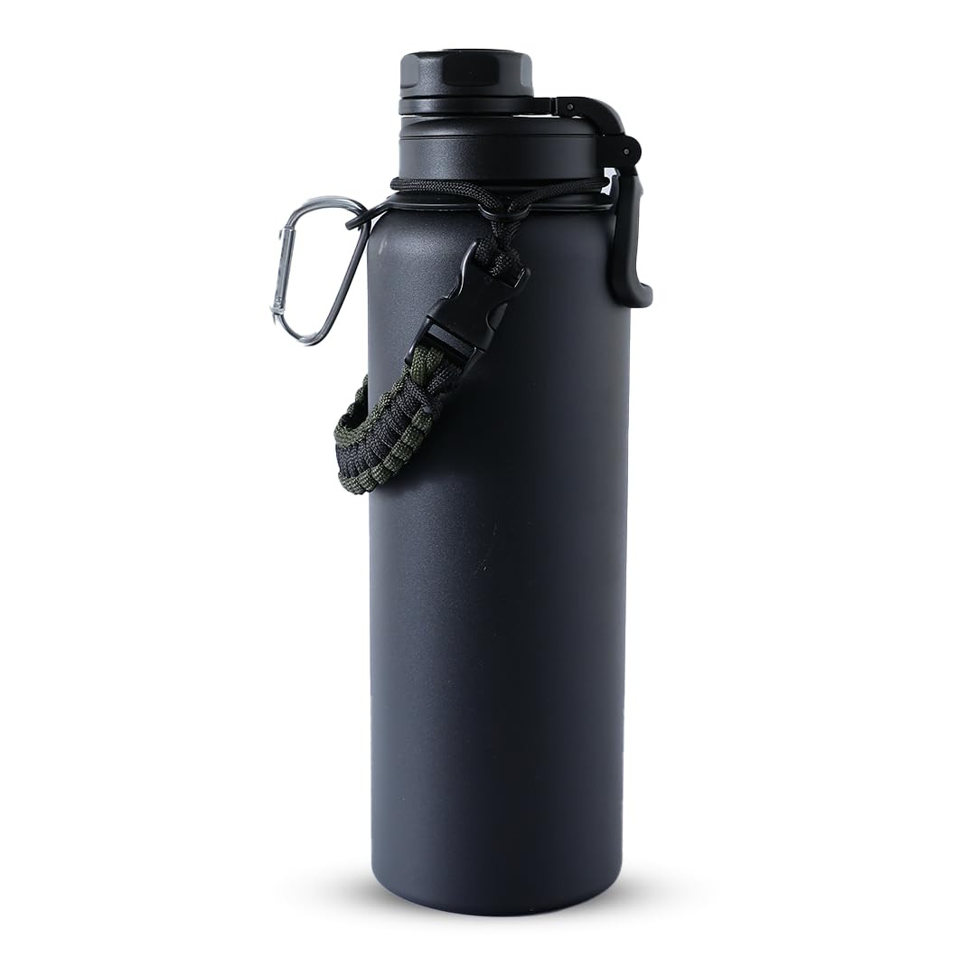 Kuber Industries Water Bottle | Steel Water Bottle for Daily Use | Vacuum Insulated Flask Water Bottle with Rope | Hot & Cold Water Bottle | 1200 ML | LX-230611 | Black