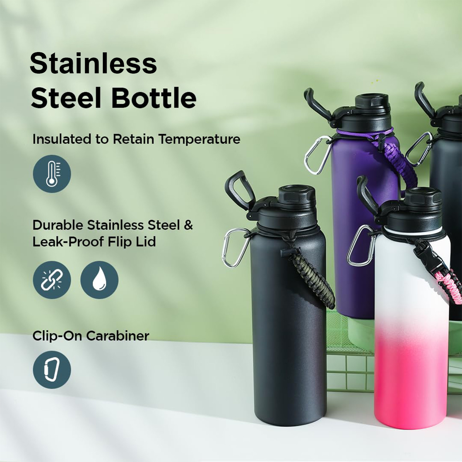Kuber Industries Water Bottle | Steel Water Bottle for Daily Use | Vacuum Insulated Flask Water Bottle with Rope | Hot & Cold Water Bottle | 1200 ML | LX-230611 | Black