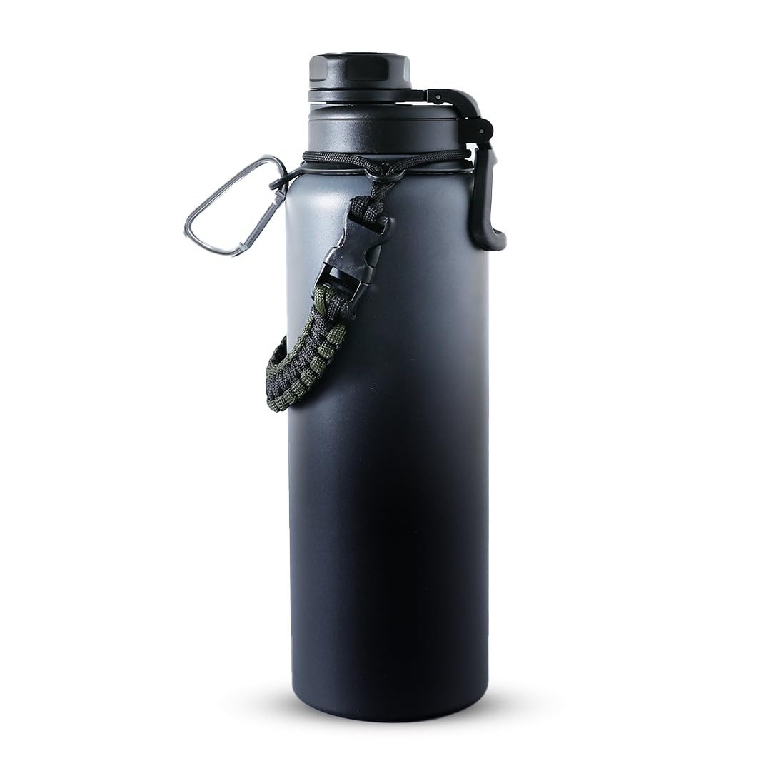 Kuber Industries Water Bottle | Steel Water Bottle for Daily Use | Vacuum Insulated Flask Water Bottle with Rope | Hot & Cold Water Bottle | 1200 ML | LX-230613 | Black & Gray