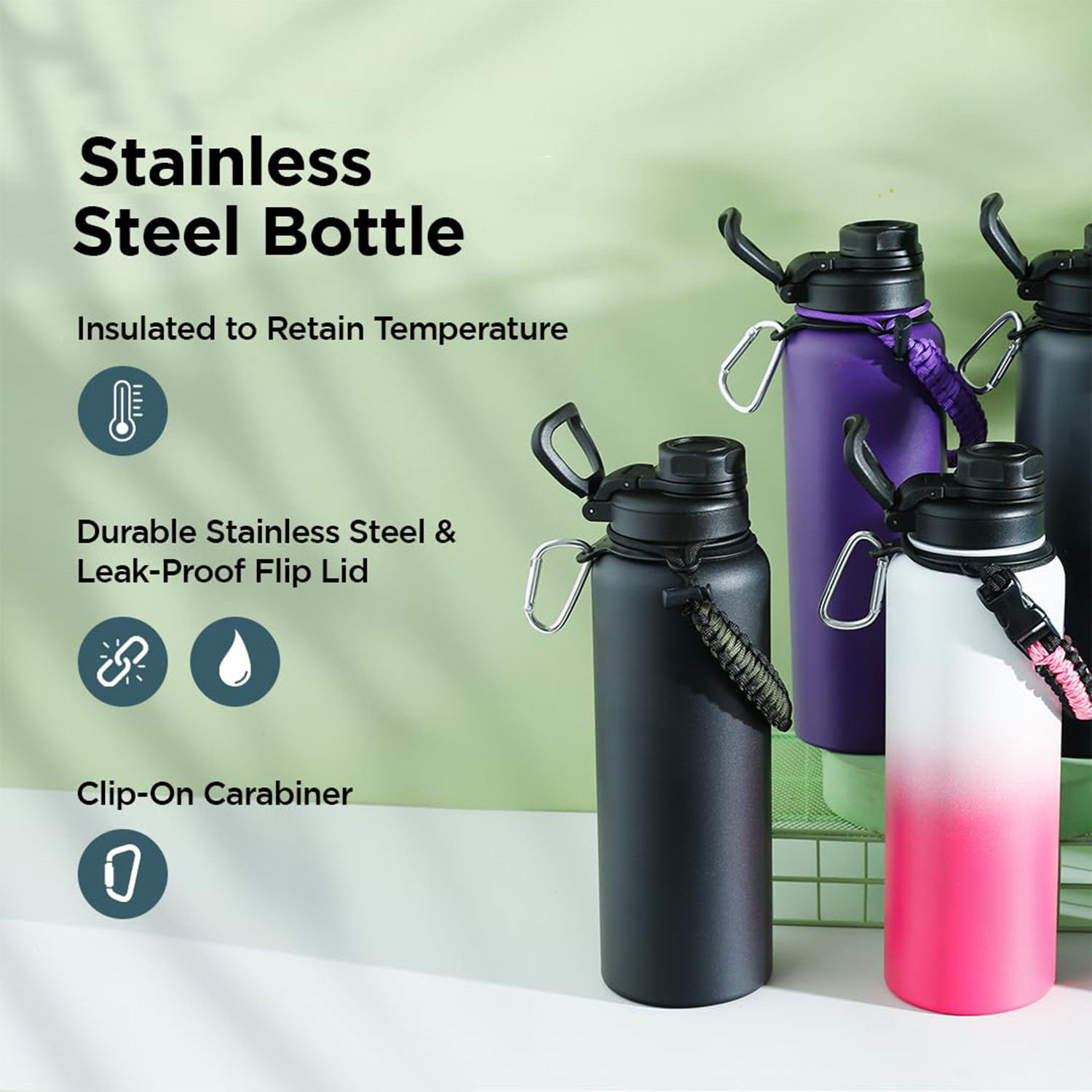 Kuber Industries Water Bottle | Steel Water Bottle for Daily Use | Vacuum Insulated Flask Water Bottle with Rope | Hot & Cold Water Bottle | 1200 ML | LX-230613 | Black & Gray