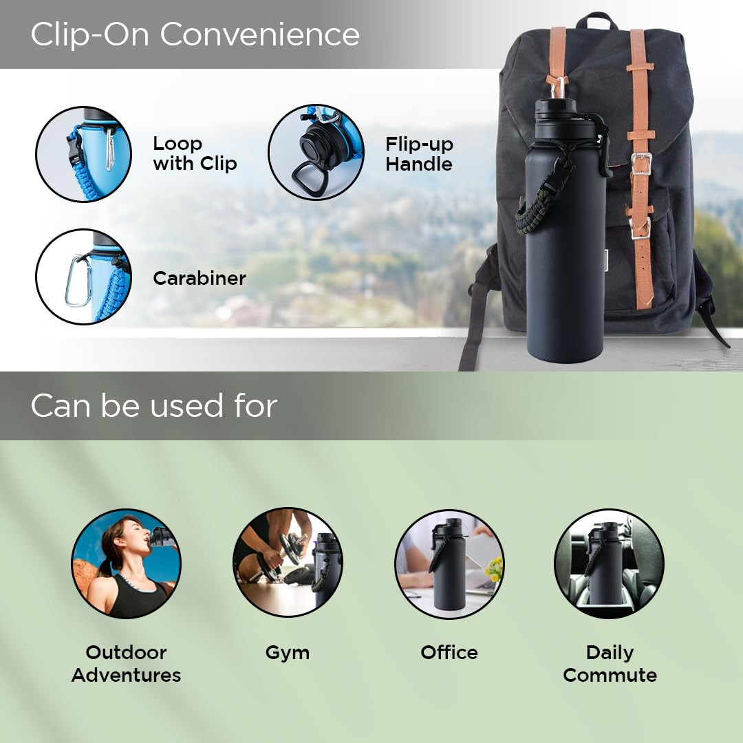 Kuber Industries Water Bottle | Steel Water Bottle for Daily Use | Vacuum Insulated Flask Water Bottle with Rope | Hot & Cold Water Bottle | 1200 ML | LX-230613 | Black & Gray