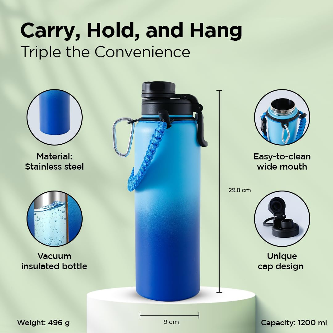 Kuber Industries Water Bottle | Steel Water Bottle for Daily Use | Vacuum Insulated Flask Water Bottle with Rope | Hot & Cold Water Bottle | 1200 ML | LX-230614 | Aqua Blue