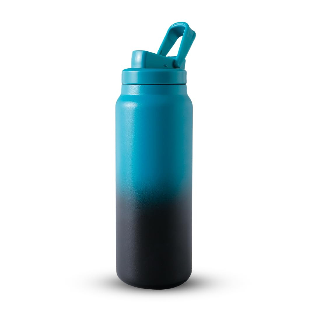 Kuber Industries Water Bottle | Vacuum Insulated Travel Bottle | Gym Water Bottle | Hot & Cold Water Bottle | Water Bottle with Sipper Cap | DA230801 | 900 ML | Teal & Black