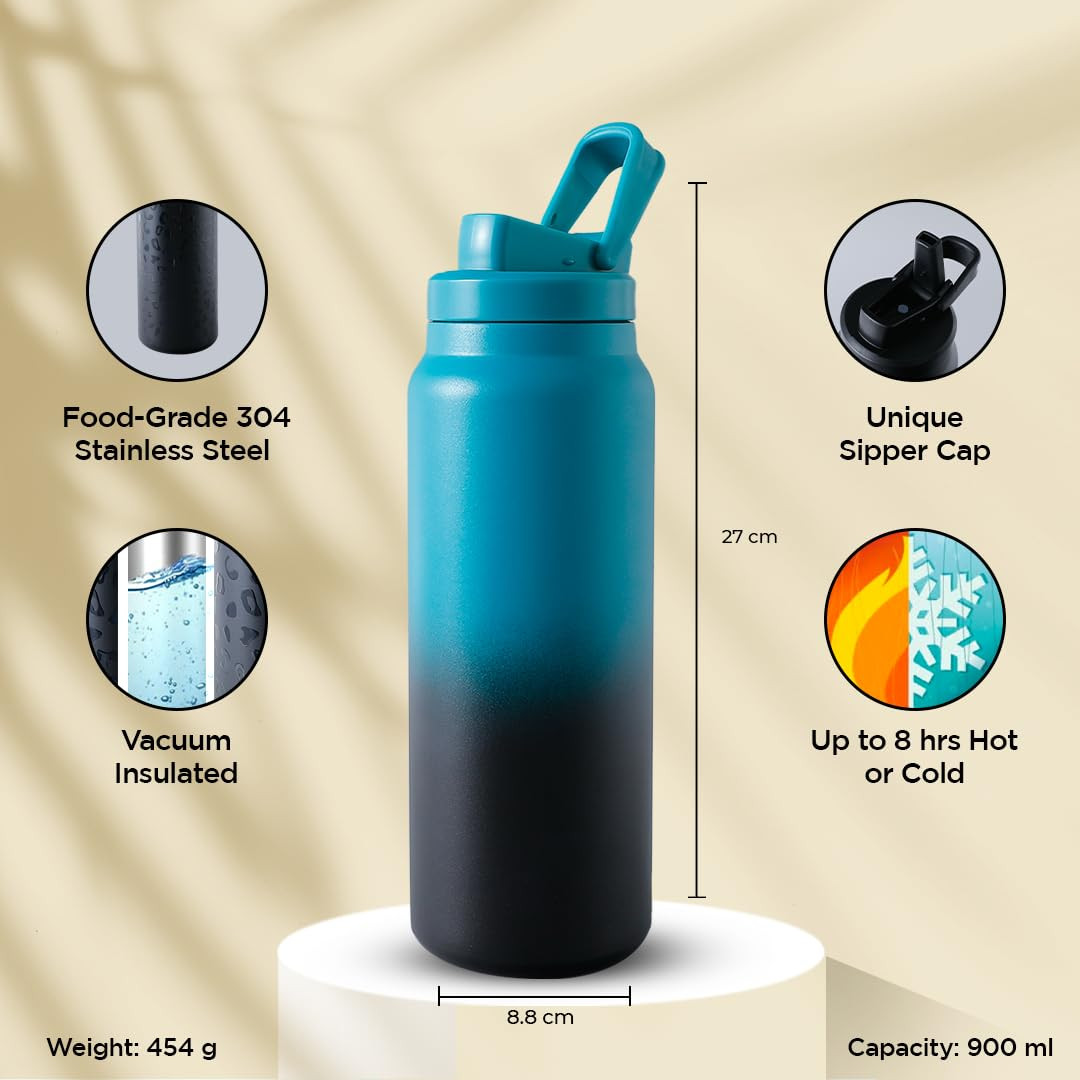 Kuber Industries Water Bottle | Vacuum Insulated Travel Bottle | Gym Water Bottle | Hot & Cold Water Bottle | Water Bottle with Sipper Cap | DA230801 | 900 ML | Teal & Black