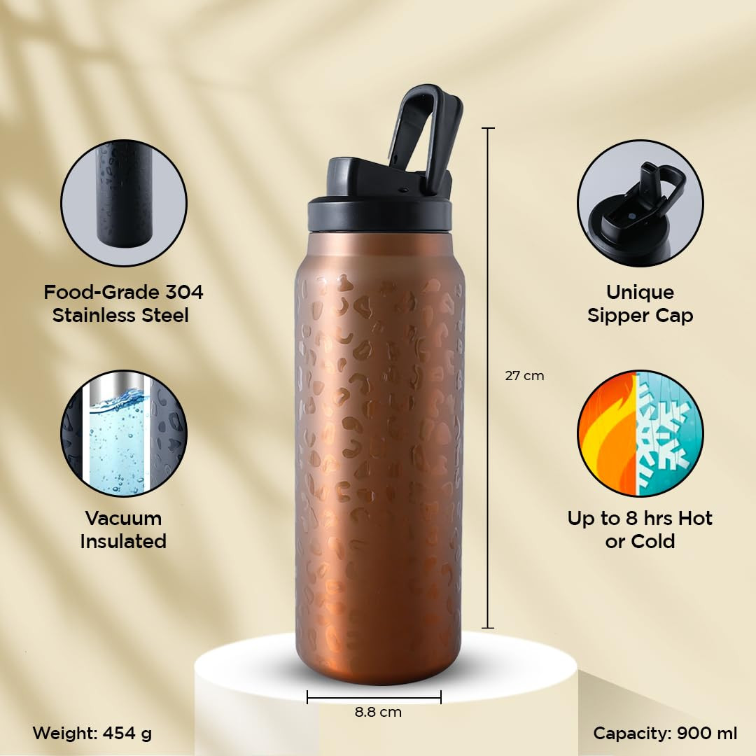 Kuber Industries Water Bottle | Vacuum Insulated Travel Bottle | Gym Water Bottle | Hot & Cold Water Bottle | Leopard-Print Bottle with Sipper Cap | DA230805 | 900 ML | Golden