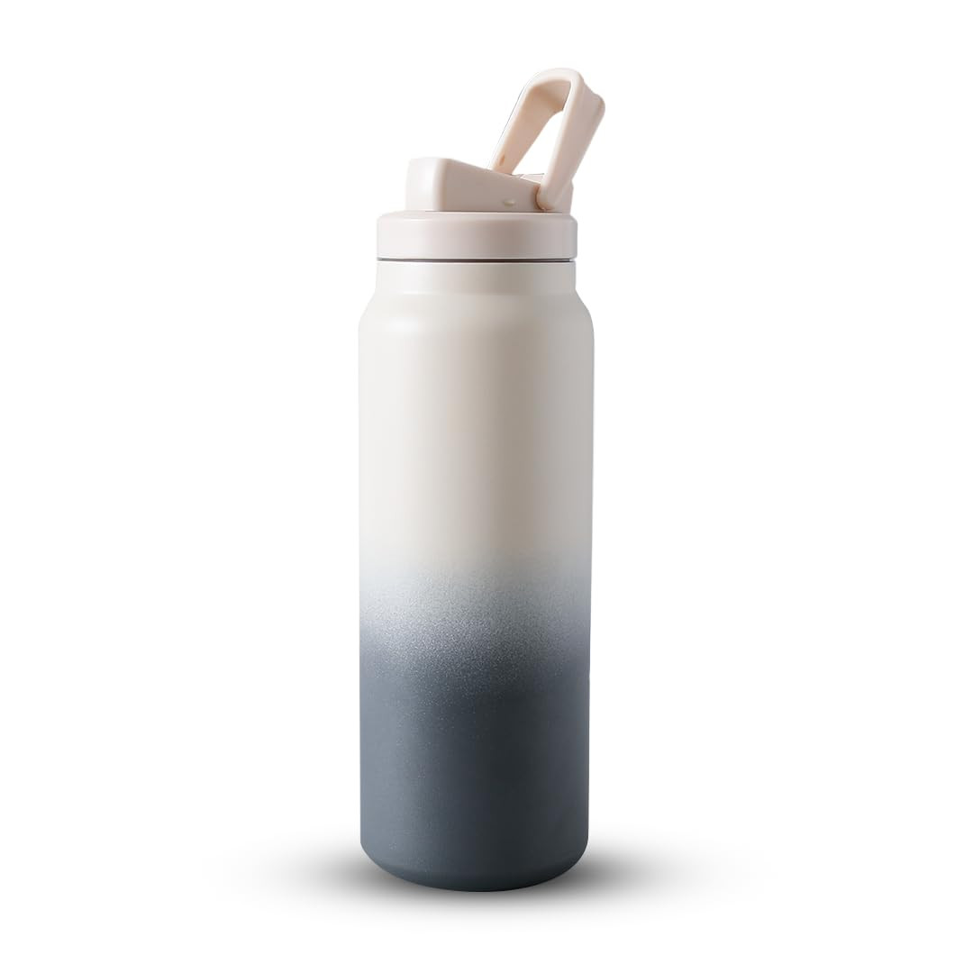 Kuber Industries Water Bottle | Vacuum Insulated Travel Bottle | Gym Water Bottle | Hot & Cold Water Bottle | Water Bottle with Sipper Cap | DA230802 | 900 ML | Beige & Grey