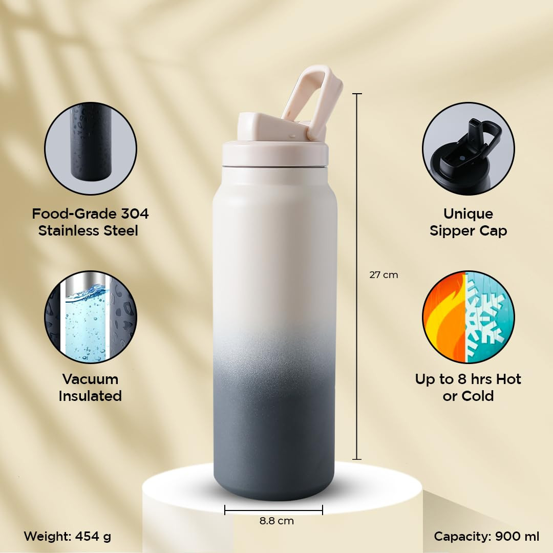 Kuber Industries Water Bottle | Vacuum Insulated Travel Bottle | Gym Water Bottle | Hot & Cold Water Bottle | Water Bottle with Sipper Cap | DA230802 | 900 ML | Beige & Grey