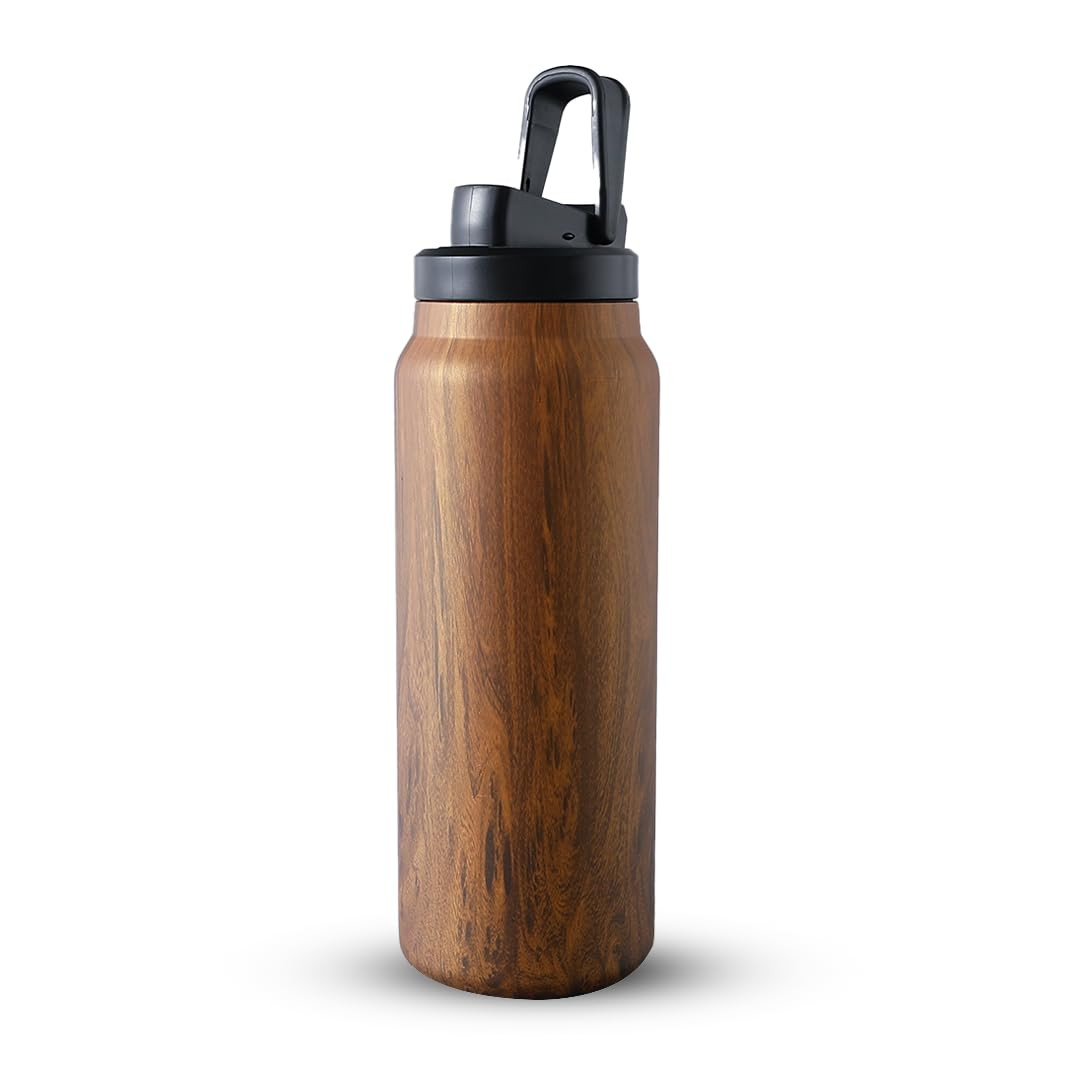 Kuber Industries Water Bottle | Vacuum Insulated Travel Bottle | Gym Water Bottle | Hot & Cold Water Bottle | Wooden Print Bottle with Sipper Cap | DA230804 | 900 ML | Brown