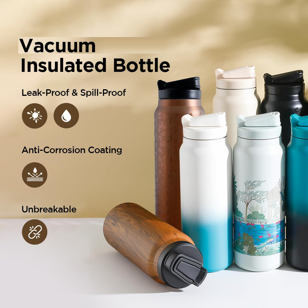 Kuber Industries Water Bottle | Vacuum Insulated Travel Bottle | Gym Water Bottle | Hot & Cold Water Bottle | Wooden Print Bottle with Sipper Cap | DA230804 | 900 ML | Brown