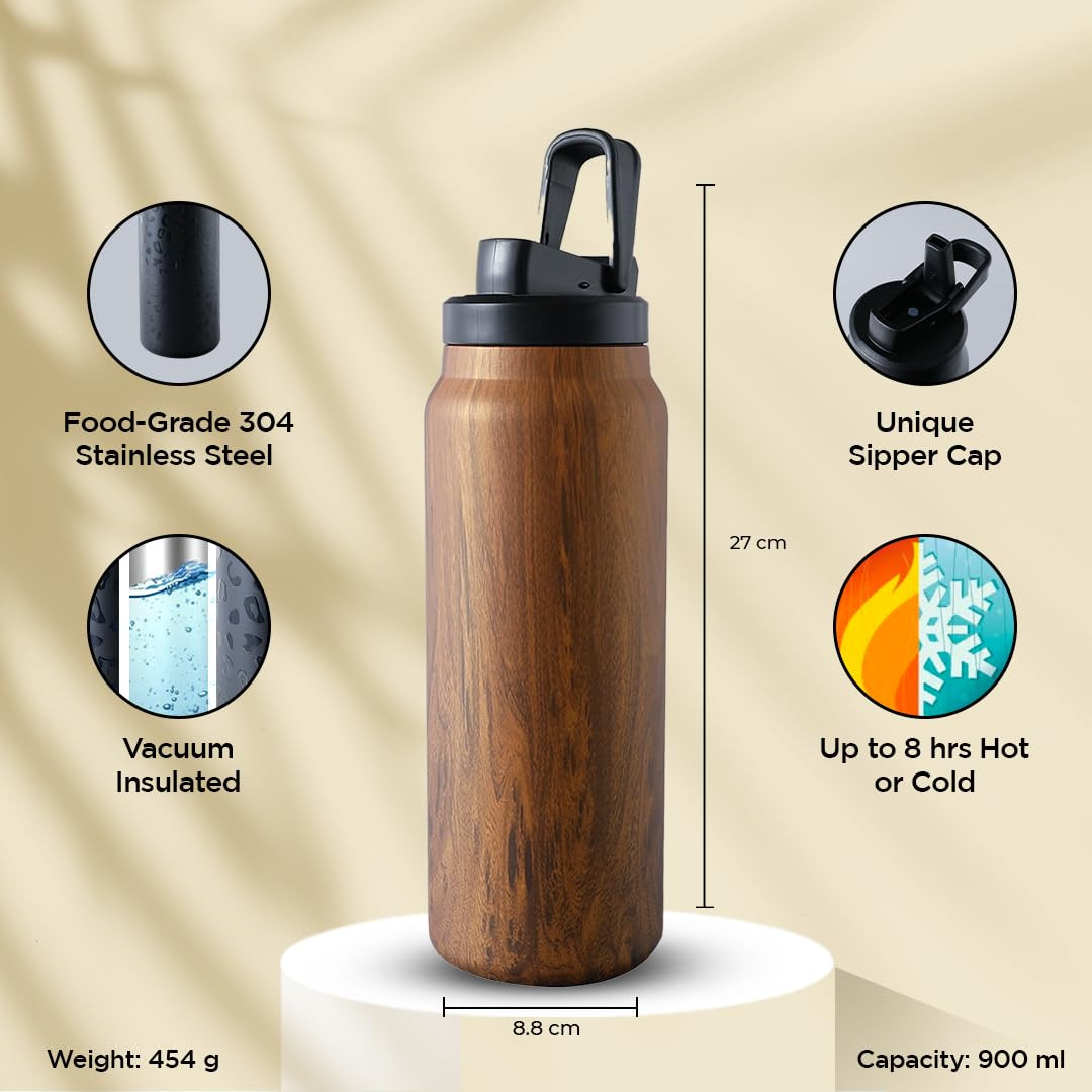 Kuber Industries Water Bottle | Vacuum Insulated Travel Bottle | Gym Water Bottle | Hot & Cold Water Bottle | Wooden Print Bottle with Sipper Cap | DA230804 | 900 ML | Brown