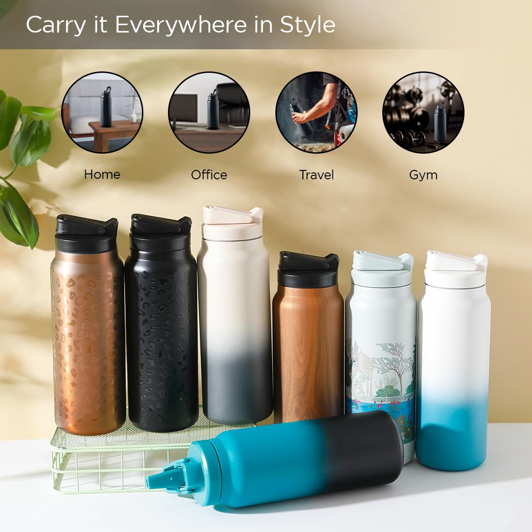 Kuber Industries Water Bottle | Vacuum Insulated Travel Bottle | Gym Water Bottle | Hot & Cold Water Bottle | Wooden Print Bottle with Sipper Cap | DA230804 | 900 ML | Brown