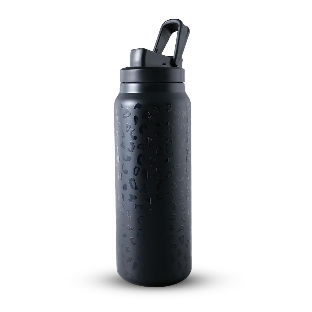 Kuber Industries Water Bottle | Vacuum Insulated Travel Bottle | Gym Water Bottle | Hot & Cold Water Bottle | Leopard-Print Bottle with Sipper Cap | DA230806 | 900 ML | Black