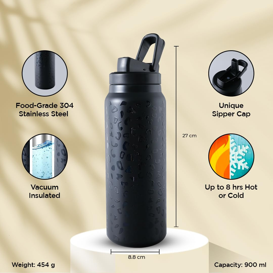 Kuber Industries Water Bottle | Vacuum Insulated Travel Bottle | Gym Water Bottle | Hot & Cold Water Bottle | Leopard-Print Bottle with Sipper Cap | DA230806 | 900 ML | Black