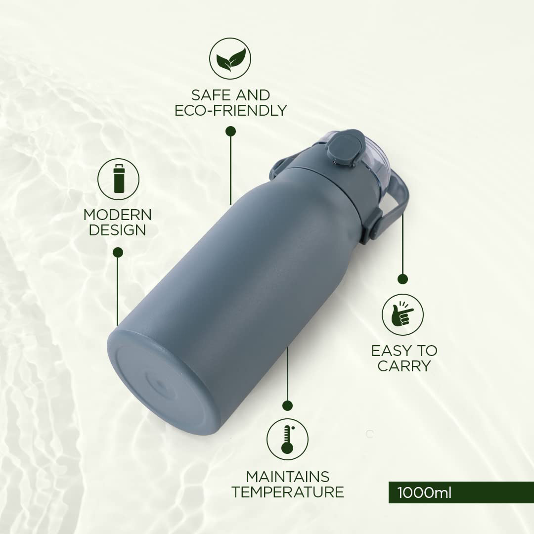 Kuber Industries Water Bottle | Vacuum Insulated Travel Bottle | Hot & Cold Water Bottle | Sipper Lid & Handle Water Bottle | 1000 ML | Pack of 3 | HH-22111B | Blue