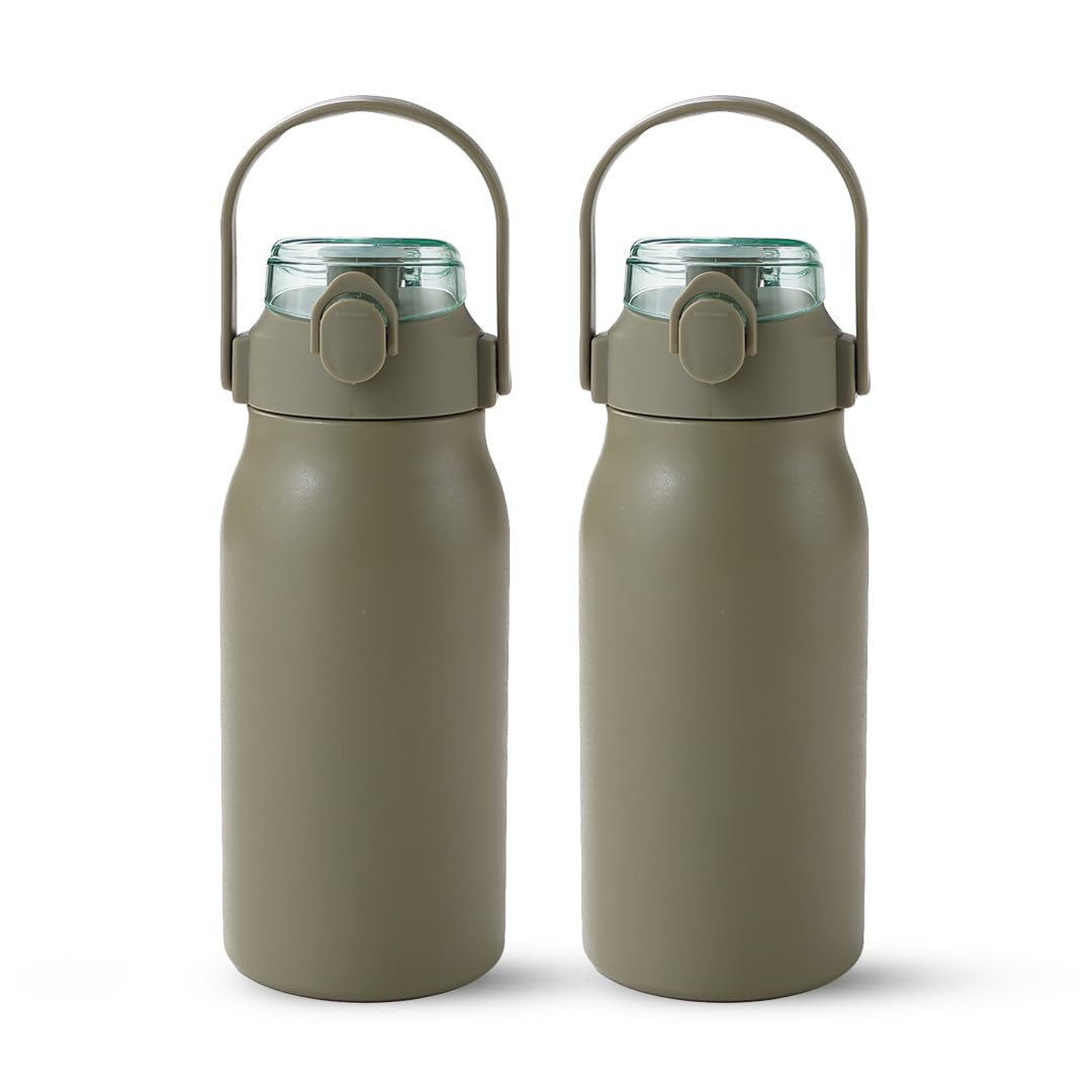 Kuber Industries Water Bottle | Vacuum Insulated Travel Bottle | Hot & Cold Water Bottle | Sipper Lid & Handle Water Bottle | 1000 ML | Pack of 2 | HH-22111D | Green
