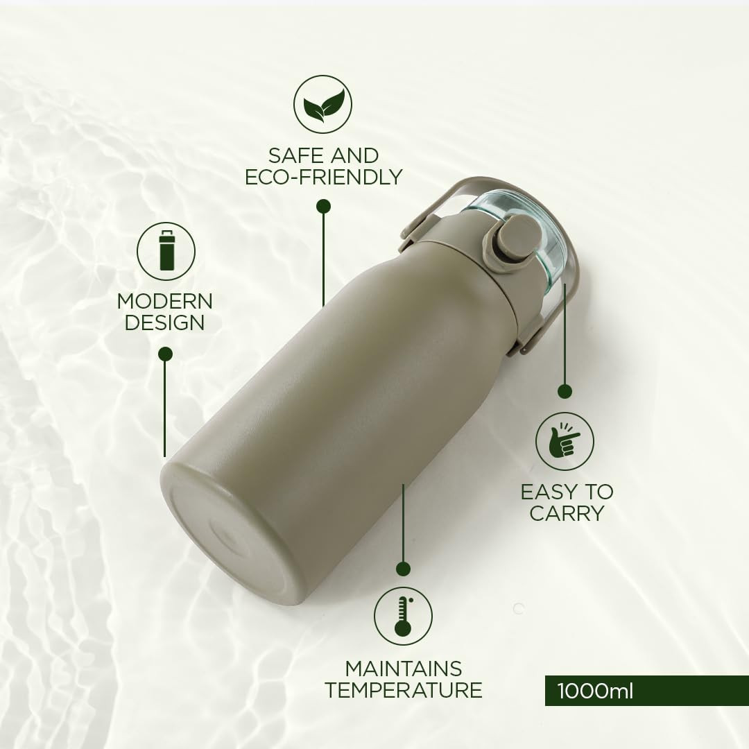 Kuber Industries Water Bottle | Vacuum Insulated Travel Bottle | Hot & Cold Water Bottle | Sipper Lid & Handle Water Bottle | 1000 ML | Pack of 2 | HH-22111D | Green