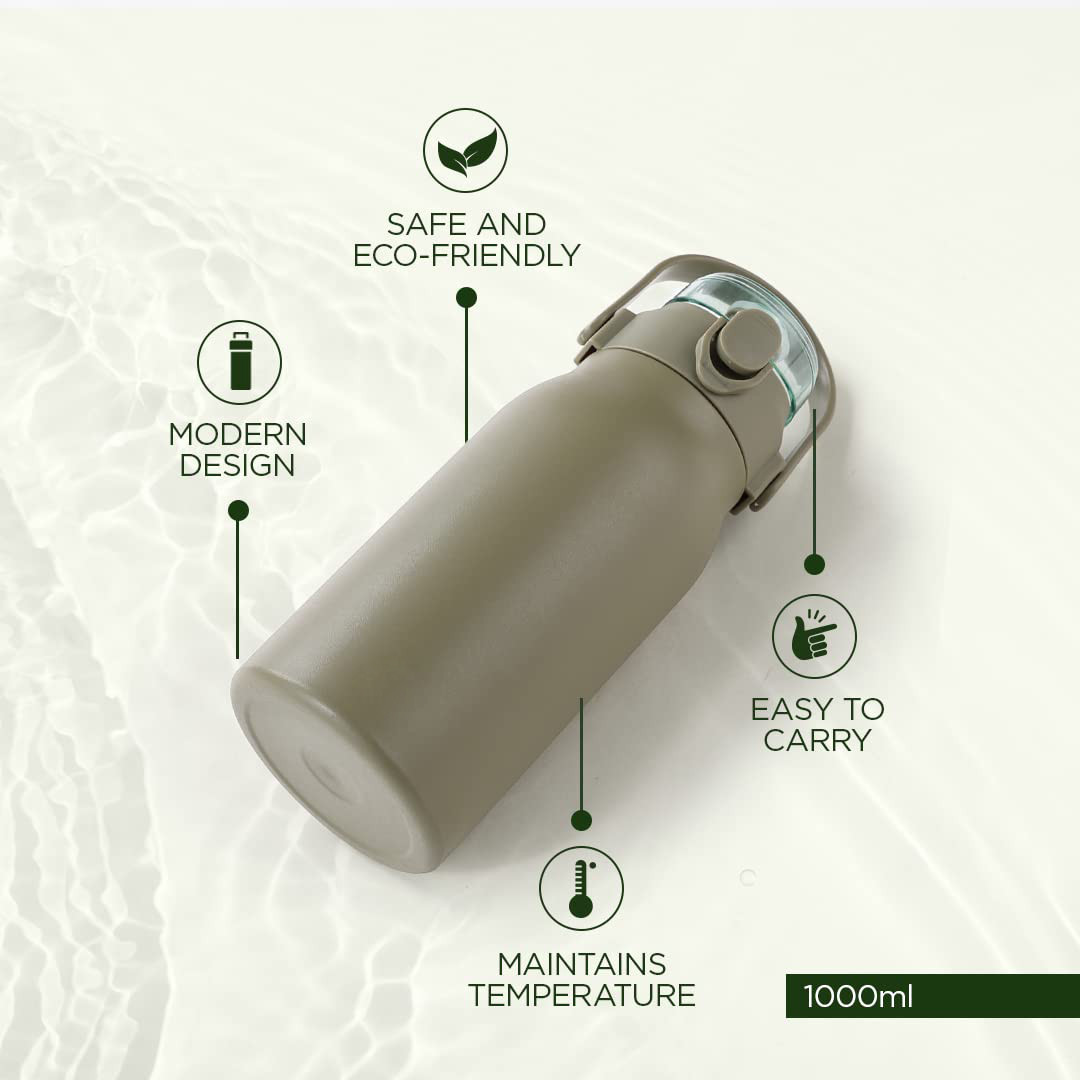 Kuber Industries Water Bottle | Vacuum Insulated Travel Bottle | Hot & Cold Water Bottle | Sipper Lid & Handle Water Bottle | 1000 ML | HH-22111D | Green