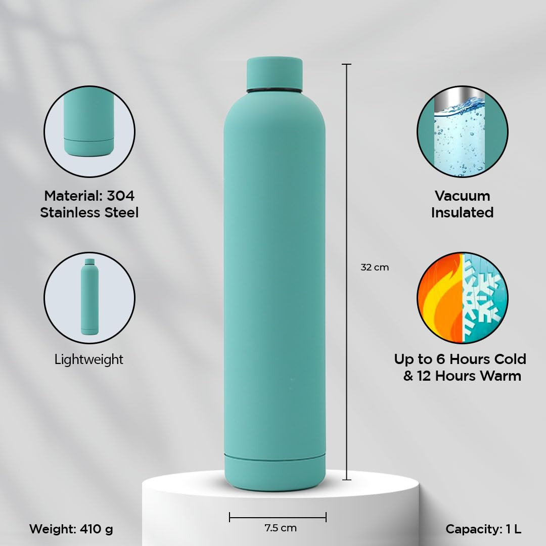 Kuber Industries Water Bottle | Vacuum Insulated Travel Bottle | Hot & Cold Water Bottle | Smooth Rubber Finish Water Bottle | 1 Ltr | PC-23823A | Blue