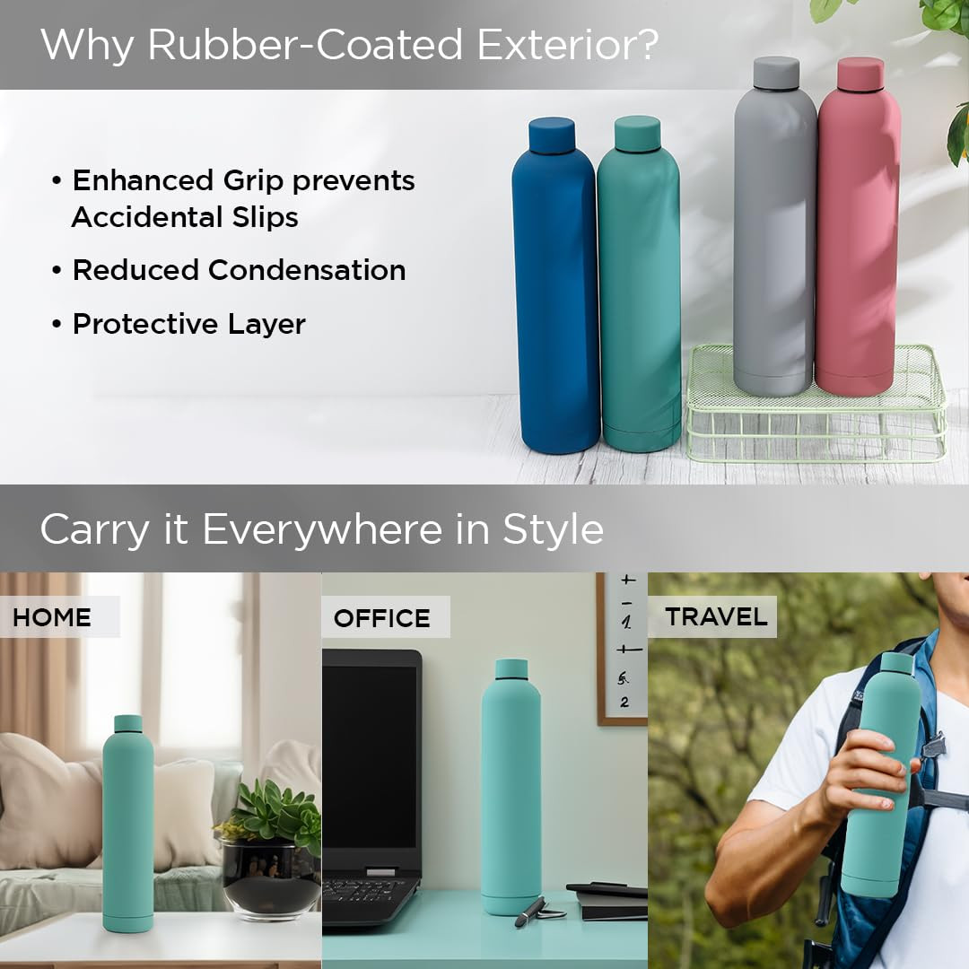 Kuber Industries Water Bottle | Vacuum Insulated Travel Bottle | Hot & Cold Water Bottle | Smooth Rubber Finish Water Bottle | 1 Ltr | PC-23823A | Blue