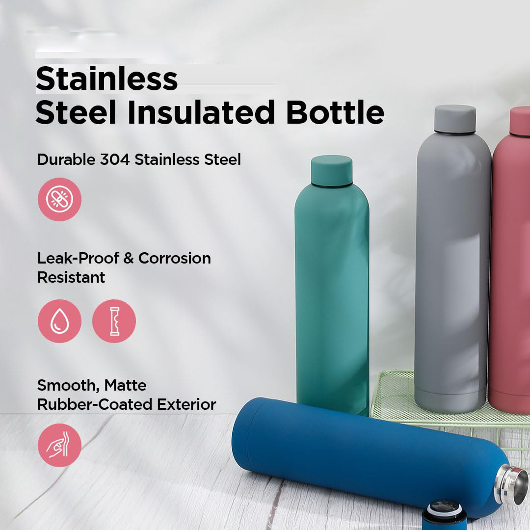 Kuber Industries Water Bottle | Vacuum Insulated Travel Bottle | Hot & Cold Water Bottle | Smooth Rubber Finish Water Bottle | 1 Ltr | PC-23823C | Pink