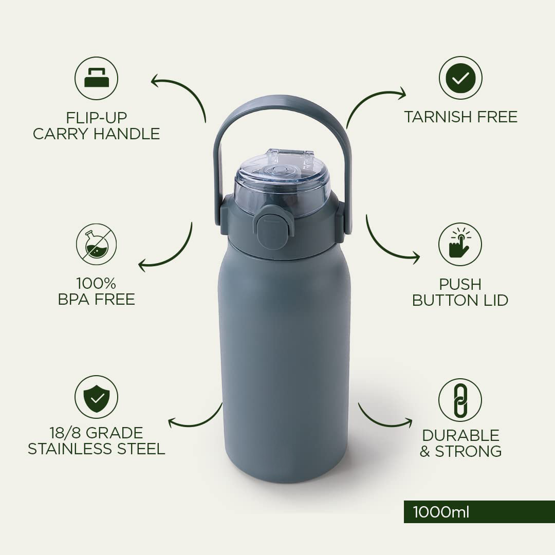 Kuber Industries Water Bottle & Mouse Wrist Pad Combo Set | Office Desk Essentials Combo | Vacuum Insulated Bottle With Handle | Pain Relief Wrist Pad | 1000 ML | HH-22111B-T-D001 | Multi