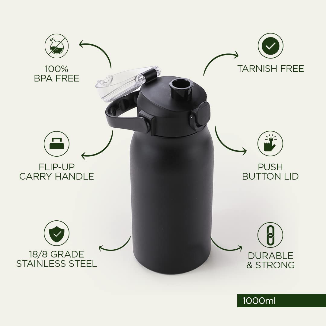 Kuber Industries Water Bottle & Mouse Wrist Pad Combo Set | Office Desk Essentials Combo | Vacuum Insulated Bottle With Handle | Pain Relief Wrist Pad | 1000 ML | HH-22111A-T-D001 | Multi