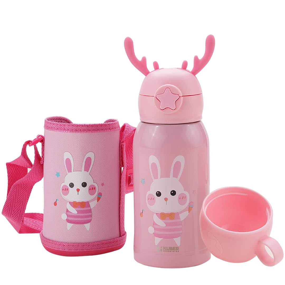 Kuber Industries Water Bottle for Kids, Bunny Design Stainless Steel Flask with Straw, Cup & Fabric Cover, Sipper, Food Grade Plastic Lid, Broad Fabric Strap, Leak Proof, BPA Free, 500 ml, Pack of 1