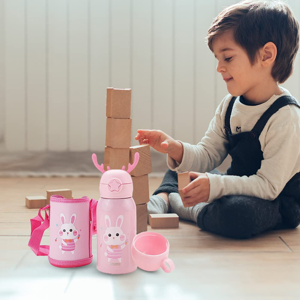 Kuber Industries Water Bottle for Kids, Bunny Design Stainless Steel Flask with Straw, Cup & Fabric Cover, Sipper, Food Grade Plastic Lid, Broad Fabric Strap, Leak Proof, BPA Free, 500 ml, Pack of 1