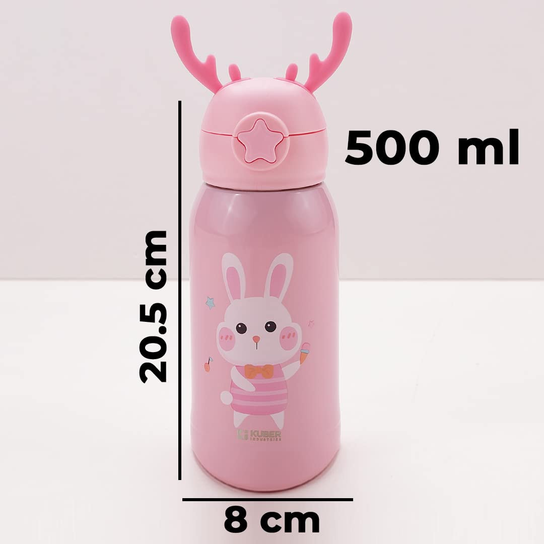 Kuber Industries Water Bottle for Kids, Bunny Design Stainless Steel Flask with Straw, Cup & Fabric Cover, Sipper, Food Grade Plastic Lid, Broad Fabric Strap, Leak Proof, BPA Free, 500 ml, Pack of 1