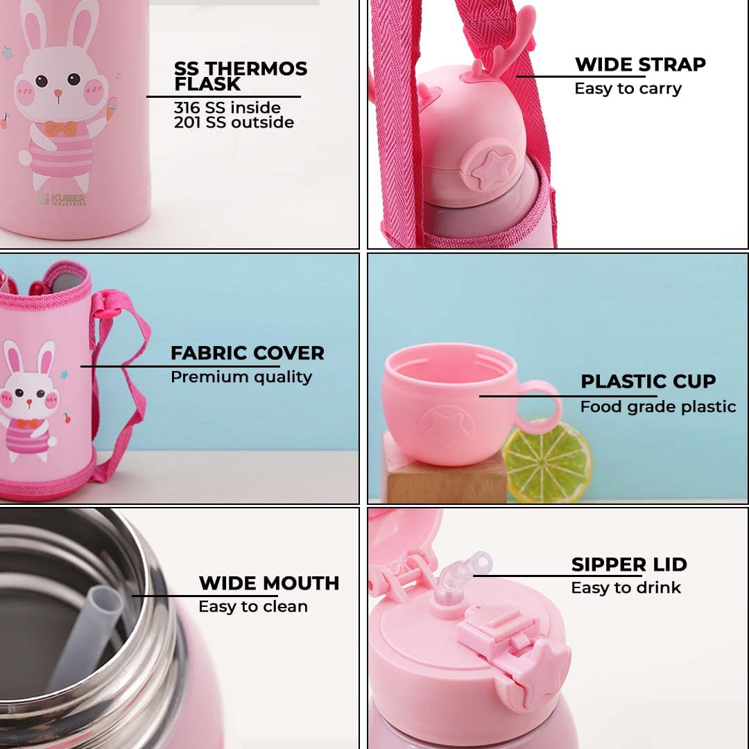 Kuber Industries Water Bottle for Kids, Bunny Design Stainless Steel Flask with Straw, Cup & Fabric Cover, Sipper, Food Grade Plastic Lid, Broad Fabric Strap, Leak Proof, BPA Free, 500 ml, Pack of 1