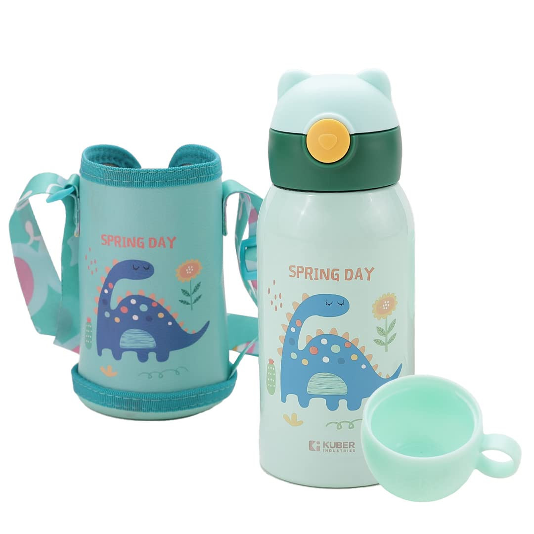 Kuber Industries Water Bottle for Kids, Dino Design Stainless Steel Flask with Straw, Cup & Fabric Cover, Sipper, Food Grade Plastic Lid, Broad Fabric Strap, Leak Proof, BPA Free, 500 ml (Pack of 1)