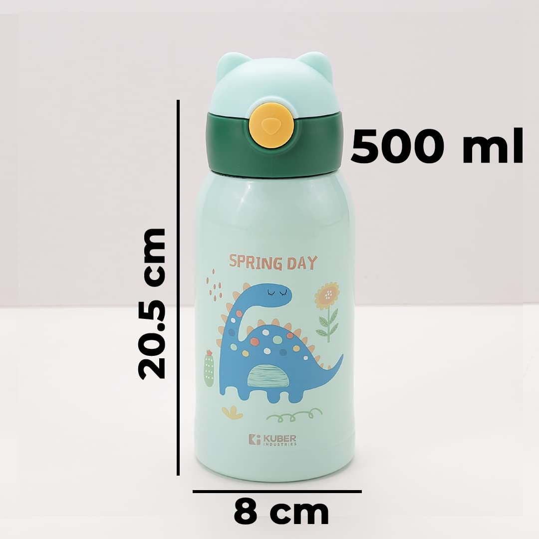 Kuber Industries Water Bottle for Kids, Dino Design Stainless Steel Flask with Straw, Cup & Fabric Cover, Sipper, Food Grade Plastic Lid, Broad Fabric Strap, Leak Proof, BPA Free, 500 ml (Pack of 1)