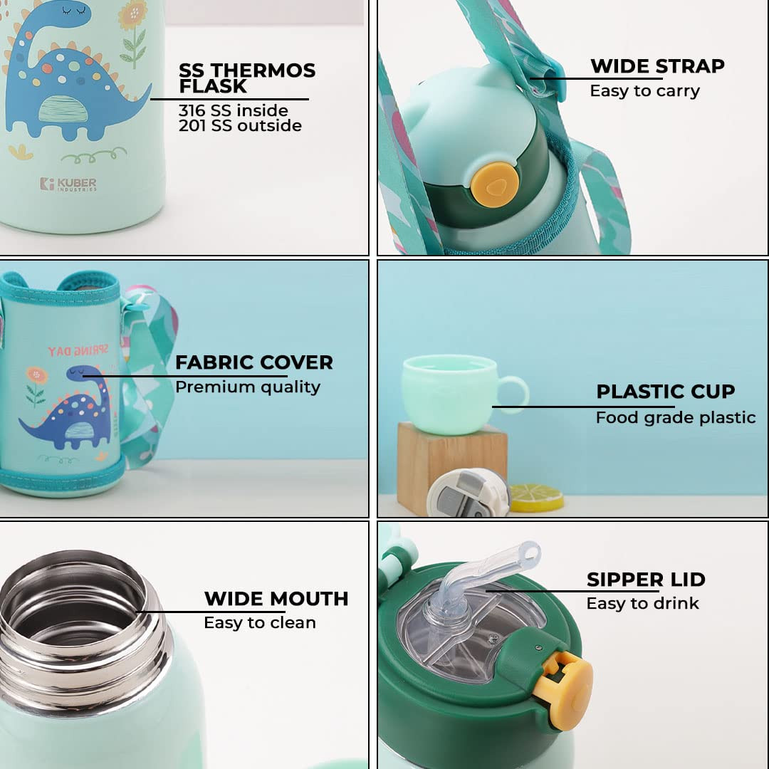 Kuber Industries Water Bottle for Kids, Dino Design Stainless Steel Flask with Straw, Cup & Fabric Cover, Sipper, Food Grade Plastic Lid, Broad Fabric Strap, Leak Proof, BPA Free, 500 ml (Pack of 1)