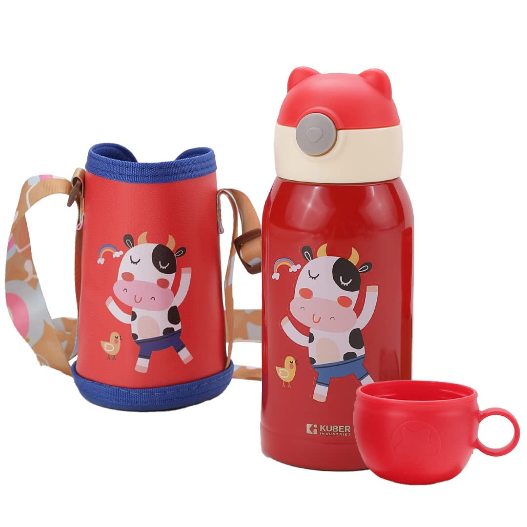 Kuber Industries Water Bottle for Kids, Mooh Design Stainless Steel Flask with Straw, Cup & Fabric Cover, Sipper, Food Grade Plastic Lid, Broad Fabric Strap, Leak Proof, BPA Free, 500 ml (Pack of 1)