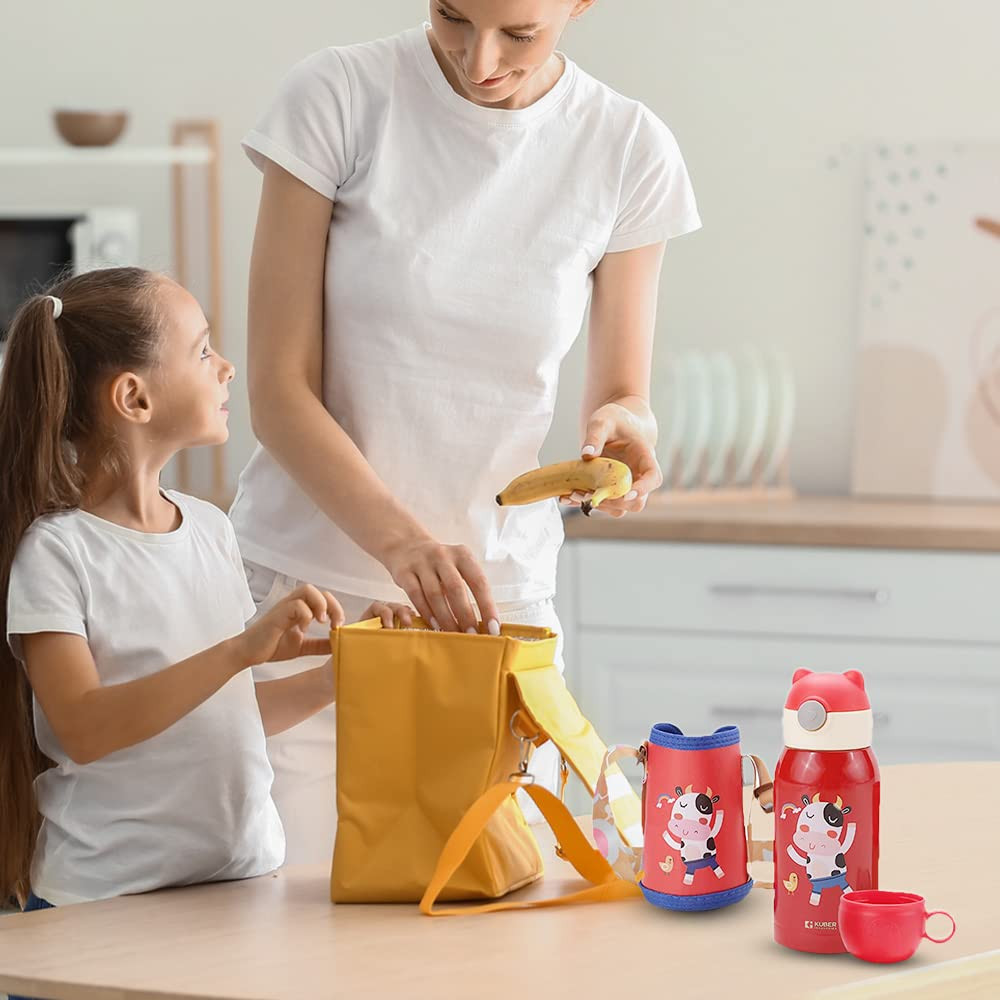 Kuber Industries Water Bottle for Kids, Mooh Design Stainless Steel Flask with Straw, Cup & Fabric Cover, Sipper, Food Grade Plastic Lid, Broad Fabric Strap, Leak Proof, BPA Free, 500 ml (Pack of 1)