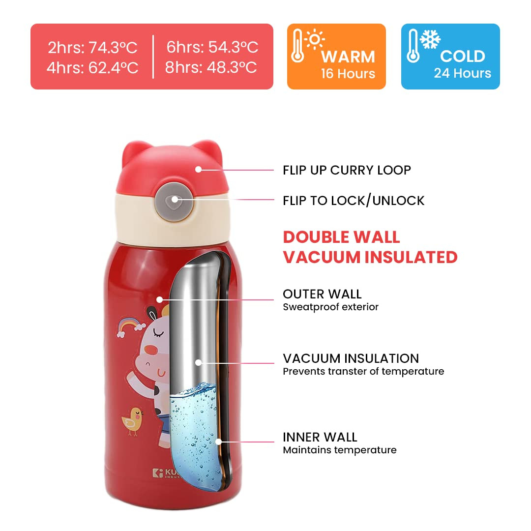 Kuber Industries Water Bottle for Kids, Mooh Design Stainless Steel Flask with Straw, Cup & Fabric Cover, Sipper, Food Grade Plastic Lid, Broad Fabric Strap, Leak Proof, BPA Free, 500 ml (Pack of 1)