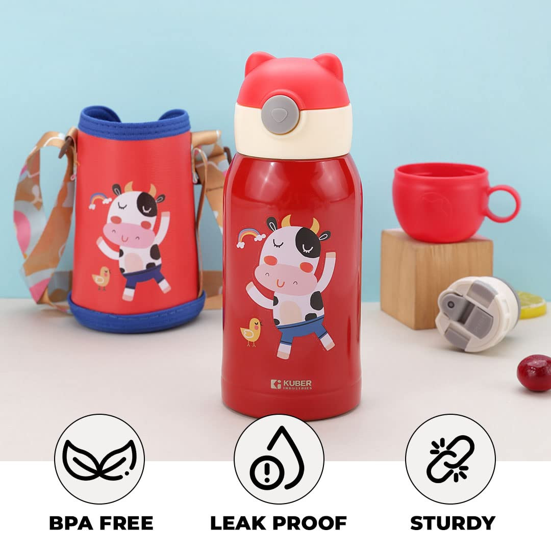 Kuber Industries Water Bottle for Kids, Mooh Design Stainless Steel Flask with Straw, Cup & Fabric Cover, Sipper, Food Grade Plastic Lid, Broad Fabric Strap, Leak Proof, BPA Free, 500 ml (Pack of 1)