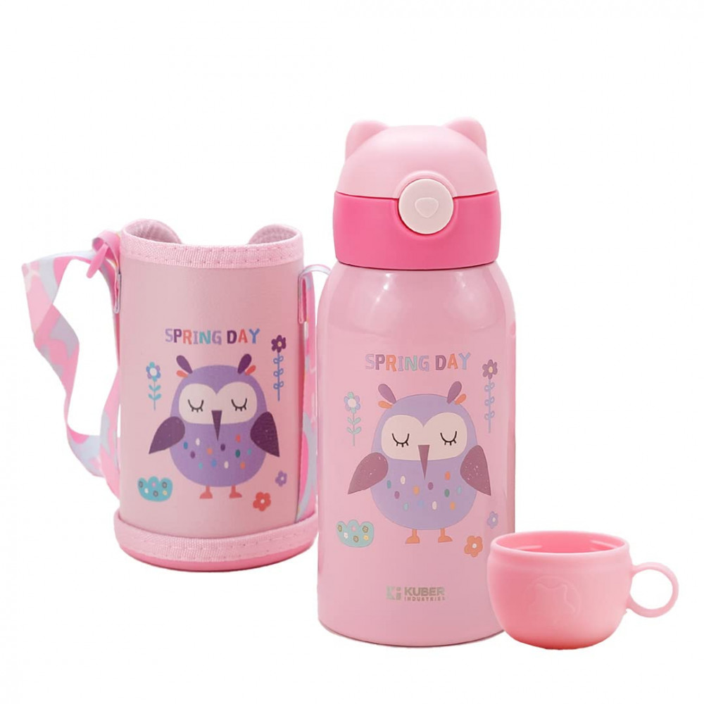Kuber Industries Water Bottle for Kids, Owl Design Stainless Steel Flask with Straw, Cup &amp; Fabric Cover, Sipper, Food Grade Plastic Lid, Broad Fabric Strap, Leak Proof, BPA Free, 500 ml, Pack of 1