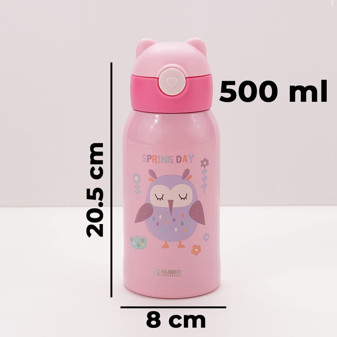 Kuber Industries Water Bottle for Kids, Owl Design Stainless Steel Flask with Straw, Cup & Fabric Cover, Sipper, Food Grade Plastic Lid, Broad Fabric Strap, Leak Proof, BPA Free, 500 ml, Pack of 1