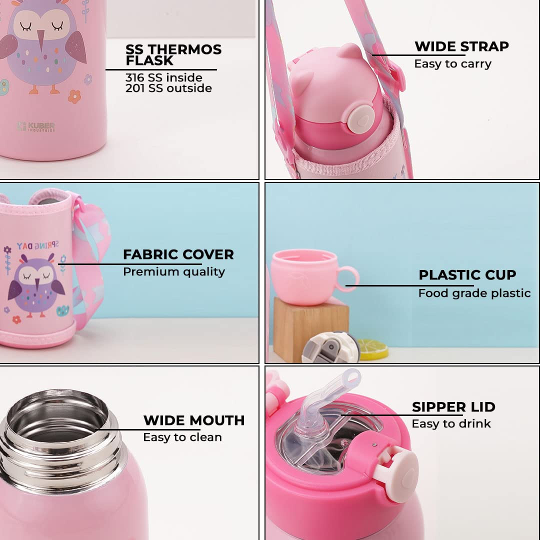 Kuber Industries Water Bottle for Kids, Owl Design Stainless Steel Flask with Straw, Cup & Fabric Cover, Sipper, Food Grade Plastic Lid, Broad Fabric Strap, Leak Proof, BPA Free, 500 ml, Pack of 1