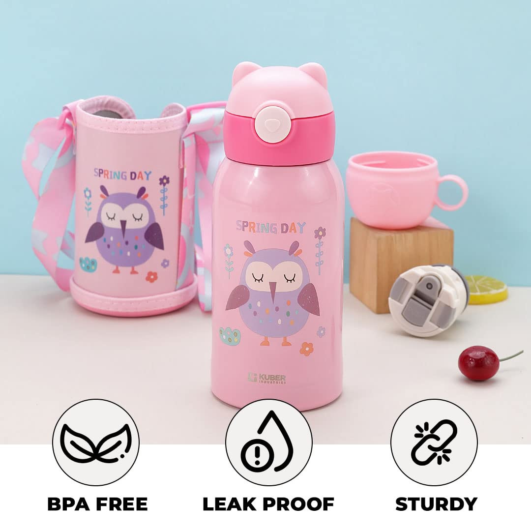 Kuber Industries Water Bottle for Kids, Owl Design Stainless Steel Flask with Straw, Cup & Fabric Cover, Sipper, Food Grade Plastic Lid, Broad Fabric Strap, Leak Proof, BPA Free, 500 ml, Pack of 1