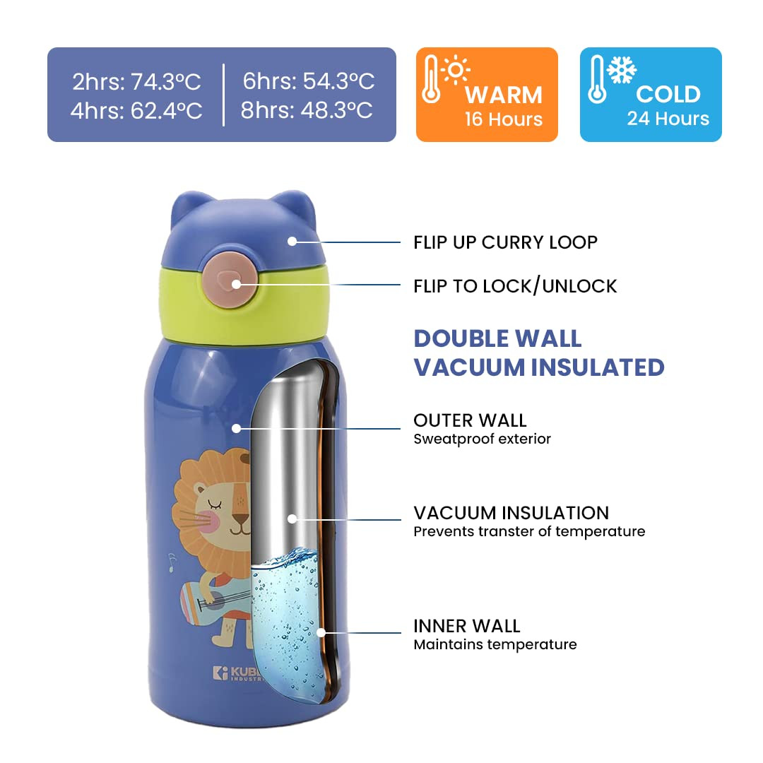 Kuber Industries Water Bottle for Kids, Shera Design Stainless Steel Flask with Straw, Cup & Fabric Cover, Sipper, Food Grade Plastic Lid, Broad Fabric Strap, Leak Proof, BPA Free, 500 ml (Pack of 1)