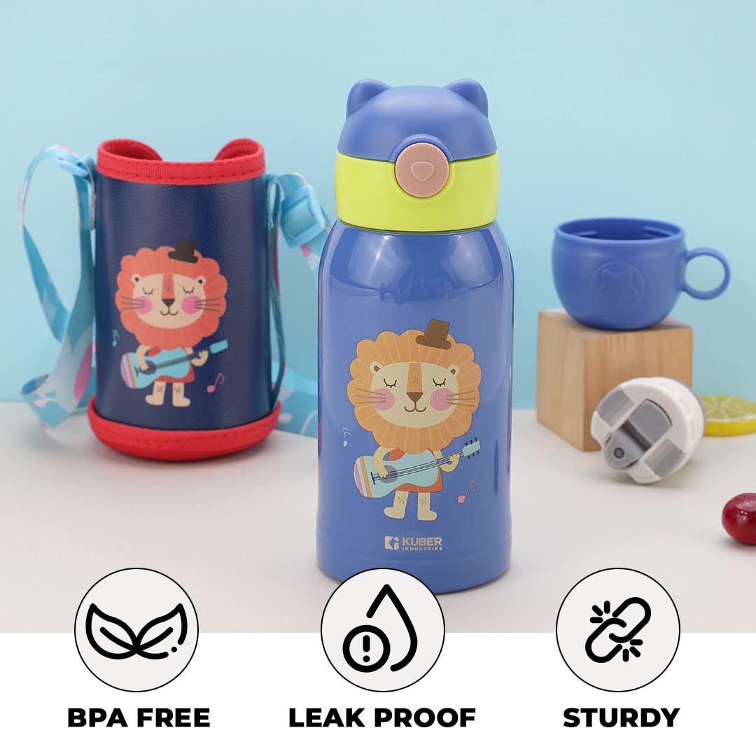 Kuber Industries Water Bottle for Kids, Shera Design Stainless Steel Flask with Straw, Cup & Fabric Cover, Sipper, Food Grade Plastic Lid, Broad Fabric Strap, Leak Proof, BPA Free, 500 ml (Pack of 1)