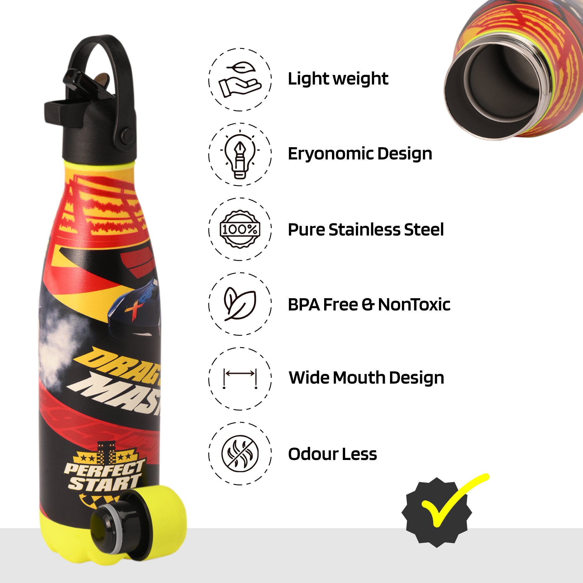 Kuber Industries Water Bottle with 2 Lids  Disney Car  500 ml Insulated Sipper Bottle for Adults  Kids with Straw  BPA-Free  Stainless Steel Bottle for Travel-Gym  Sports  Red