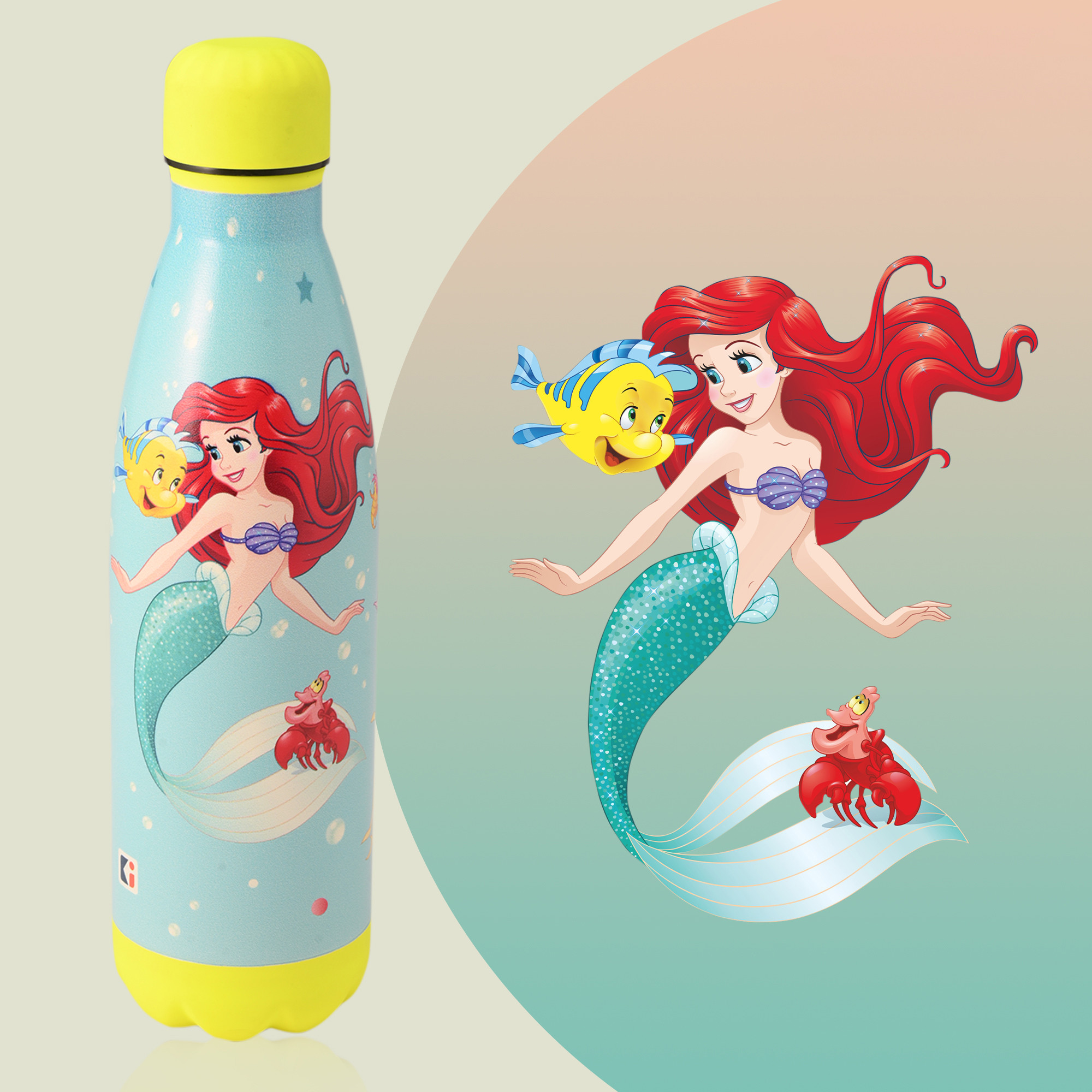 Kuber Industries Water Bottle with 2 Lids  Disney Mermaid  500 ml Insulated Sipper Bottle for Adults  Kids with Straw  BPA-Free  Stainless Steel Bottle for Travel  Sports  Sky Blue