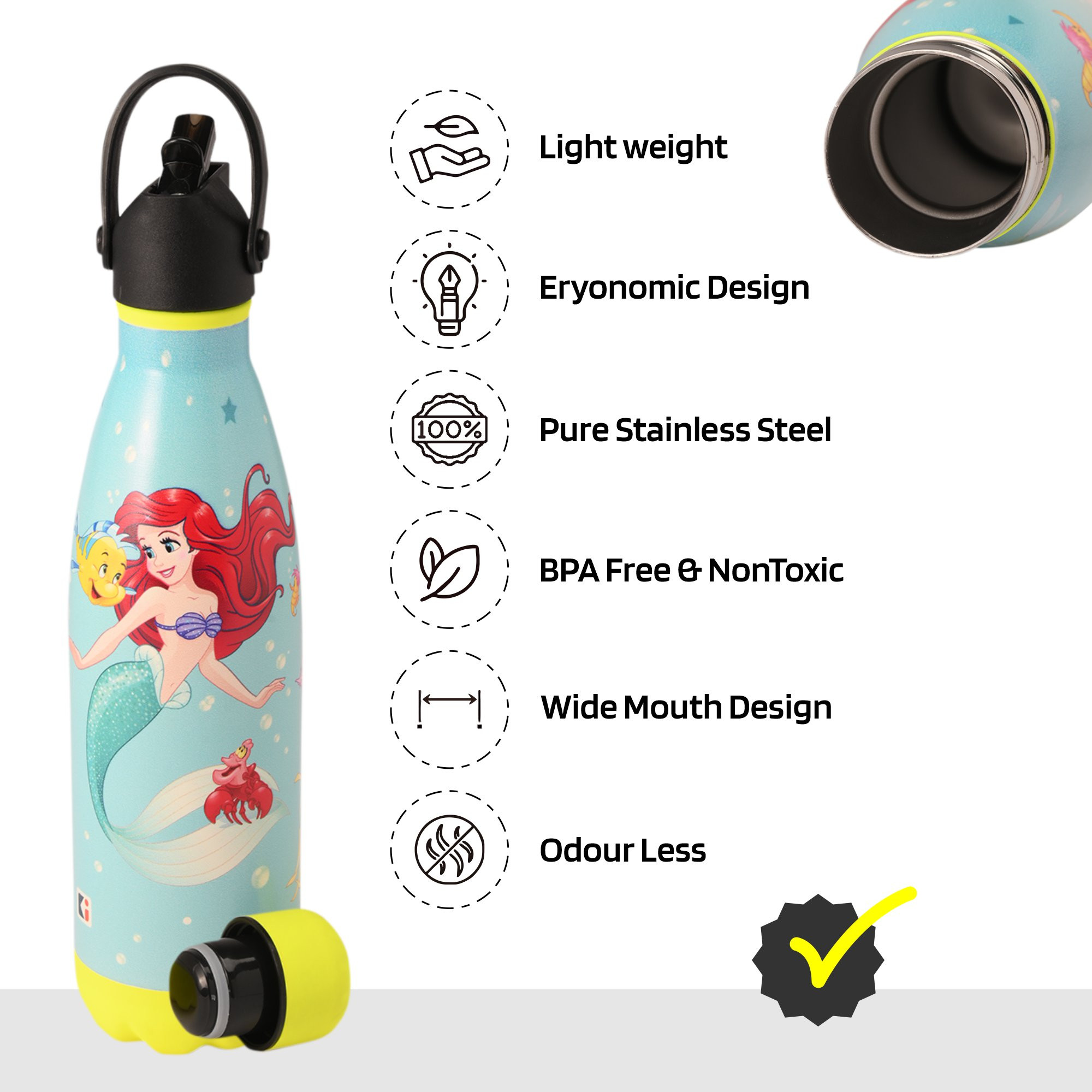 Kuber Industries Water Bottle with 2 Lids  Disney Mermaid  500 ml Insulated Sipper Bottle for Adults  Kids with Straw  BPA-Free  Stainless Steel Bottle for Travel  Sports  Sky Blue